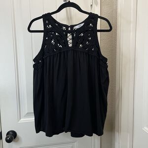 Time & Tru Black Crochet Neck Keyhole Sleeveless Top Blouse Womens Size XL